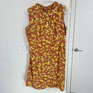 Handmade 70s retro yellow, red, brown and green floral dress, size M.